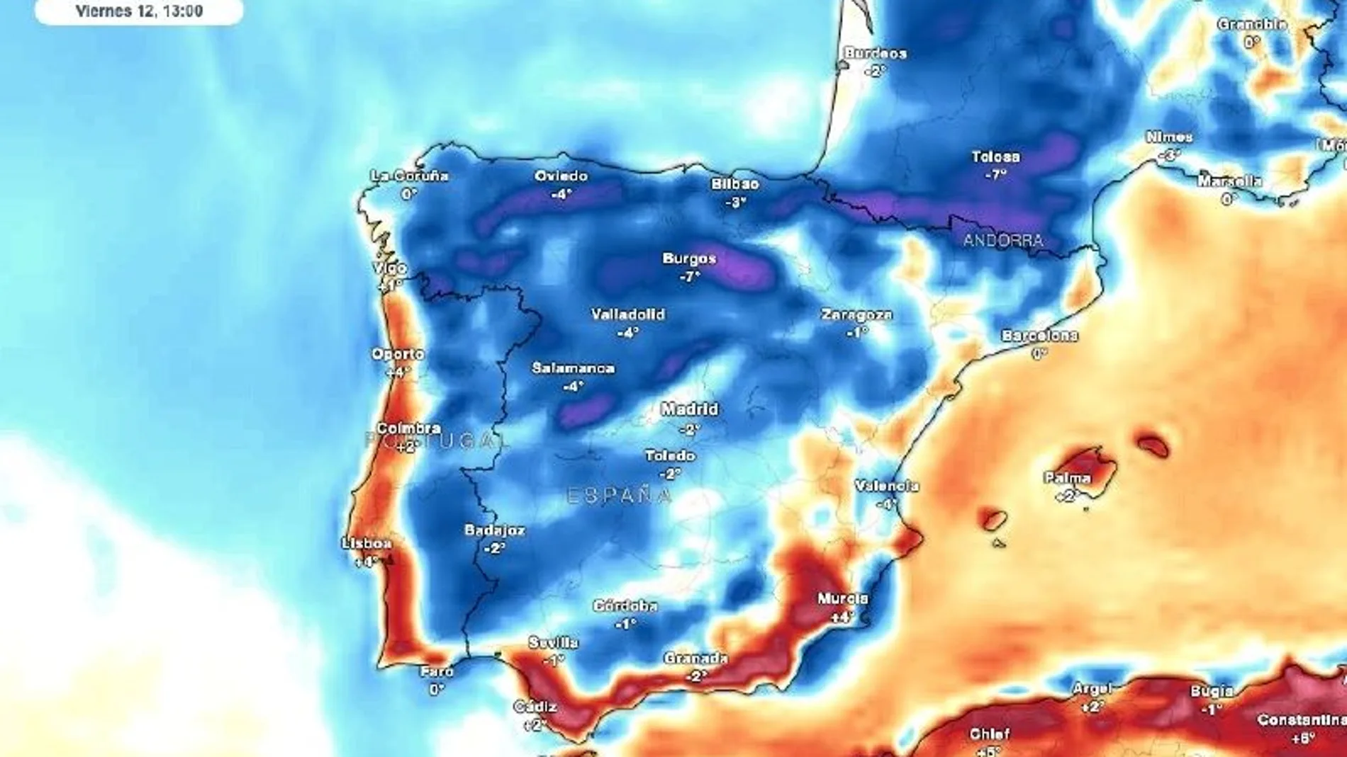 Mapa de temperaturas para el viernes y el fin de semana