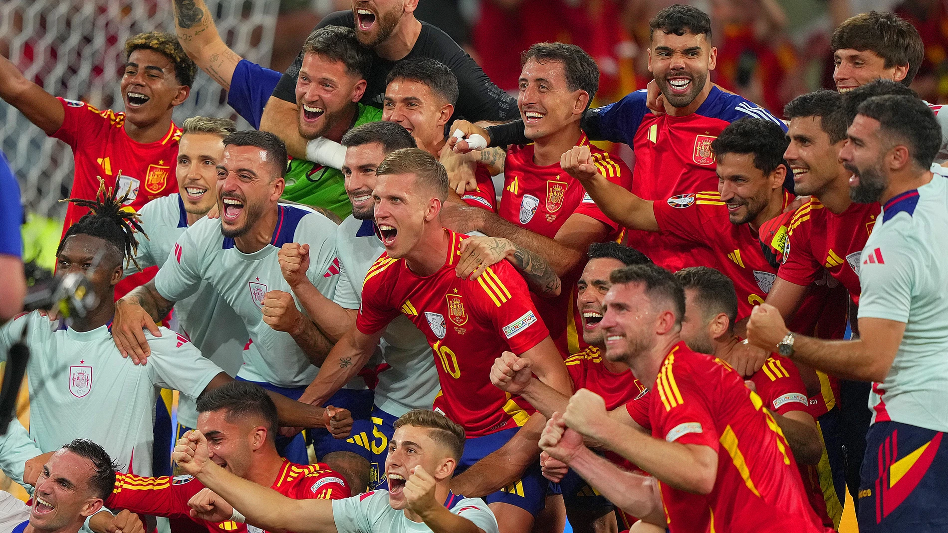 July 9, 2024, Munich, Germany, Germany: Spain's players celebrats winning the match during the Euro 2024 soccer match between Spain and France at the Munich Football Arena , Munich, Germany - Tuesday 09 july 2024. Sport - Soccer . (Photo by Spada/LaPresse),Image: 888604901, License: Rights-managed, Restrictions: * Bulgaria, Croatia, Czech Republic, France, Hungary, Italy, Romania, Slovak Republic, Serbia and Slovenia Rights Out *, Model Release: no, Credit line: Spada / Zuma Press / Cont...