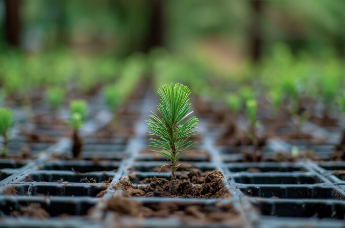 Pinos pequeños en bandejas de germinación