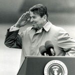 U.S. President Ronald Reagan salutes when saying good-bye to U.S. and West German soldiers at a farewell ceremony on the tarmac of Air Force Base in Bitburg, West Germany.