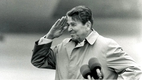 U.S. President Ronald Reagan salutes when saying good-bye to U.S. and West German soldiers at a farewell ceremony on the tarmac of Air Force Base in Bitburg, West Germany.