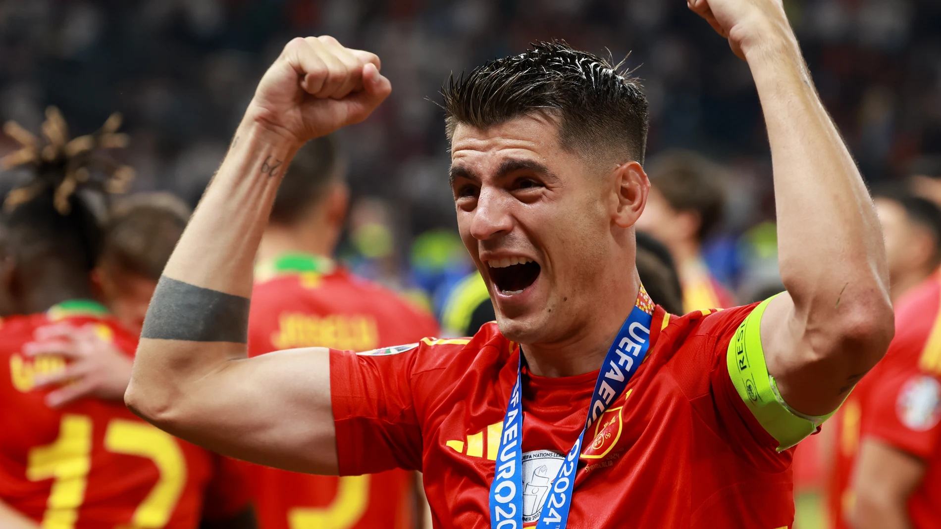 Berlin (Germany), 14/07/2024.- Alvaro Morata of Spain celebrates winning the UEFA EURO 2024 final soccer match between Spain and England, in Berlin, Germany, 14 July 2024. (Alemania, España) EFE/EPA/CLEMENS BILAN