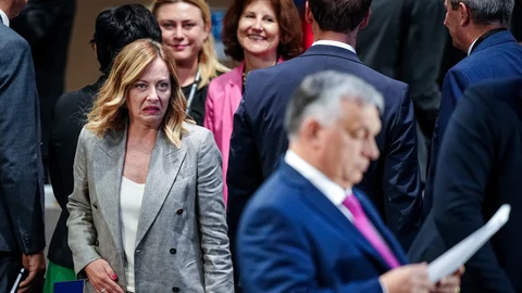 La italiana Giorgia Meloni y el húngaro Viktor Orban en la pasada cumbre de la OTAN en Washington