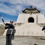 Taiwanese honor guards cease changing of the guard ceremonies around the statue of Taiwan late President Chiang Kai-shek