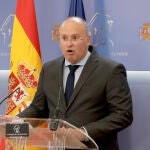 El portavoz del GPP en el Congreso Miguel Tellado realiza declaraciones