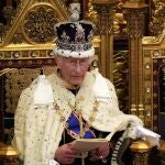 King Charles III looks up as he reads the King's Speech, during the State Opening of Parliament in the House of Lords, London, Wednesday, July 17, 2024. King Charles III's speech will set out the agenda of the UK's first Labour government for 14 years. (AP Photo/Kirsty Wigglesworth, Pool)