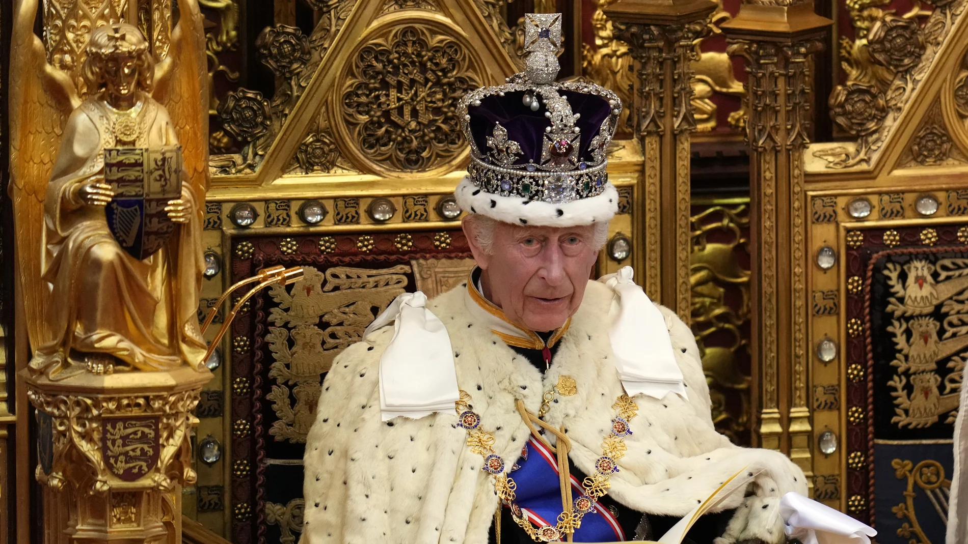 King Charles III looks up as he reads the King's Speech, during the State Opening of Parliament in the House of Lords, London, Wednesday, July 17, 2024. King Charles III's speech will set out the agenda of the UK's first Labour government for 14 years. (AP Photo/Kirsty Wigglesworth, Pool) King Charles III looks up as he reads the King's Speech, during the State Opening of Parliament in the House of Lords, London, Wednesday, July 17, 2024. King Charles III's speech will set out the agenda of the UK's first Labour government for 14 years. (AP Photo/Kirsty Wigglesworth, Pool)