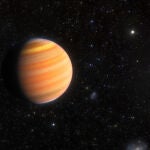 Esta impresión artística muestra el exoplaneta TIC 241249530 b, que está en camino de convertirse en un Júpiter caliente. Utilizando el telescopio WIYN de 3.5 metros en Kitt Peak, un equipo de astrónomos descubrió que este planeta sigue una órbita extremadamente elíptica en dirección opuesta a su estrella. Este hallazgo proporciona información sobre cómo se forman y evolucionan los Júpiteres calientes.