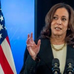 United States Vice President Kamala Harris delivers remarks on conflict-related sexual violence at the White House.