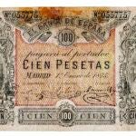 Billete de 100 pesetas 1875 que se subasta en Aureo & Calicó