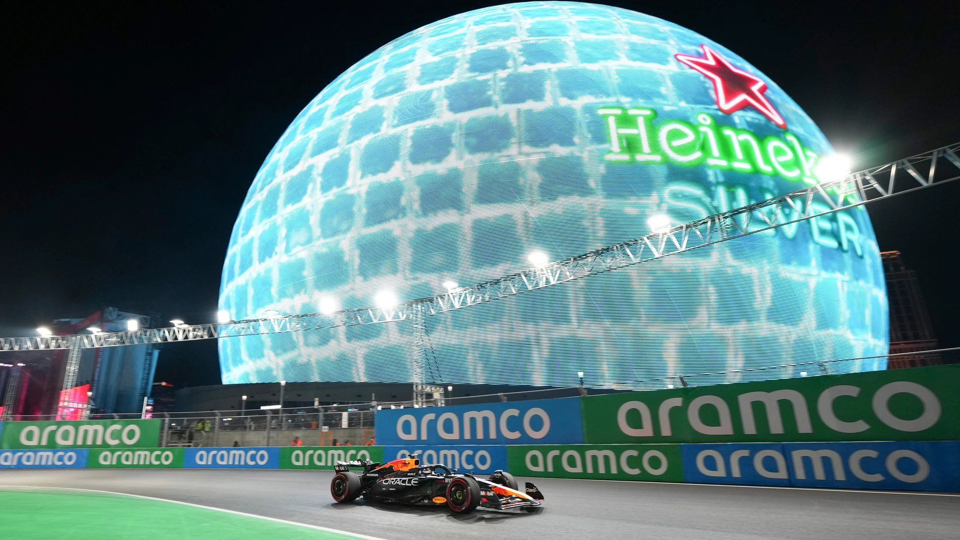 Red Bull driver Max Verstappen, of the Netherlands, runs a warm up lap during the F1 Las Vegas Grand Prix auto race, Saturday, Nov. 23, 2024, in Las Vegas. (AP Photo/Rick Scuteri)