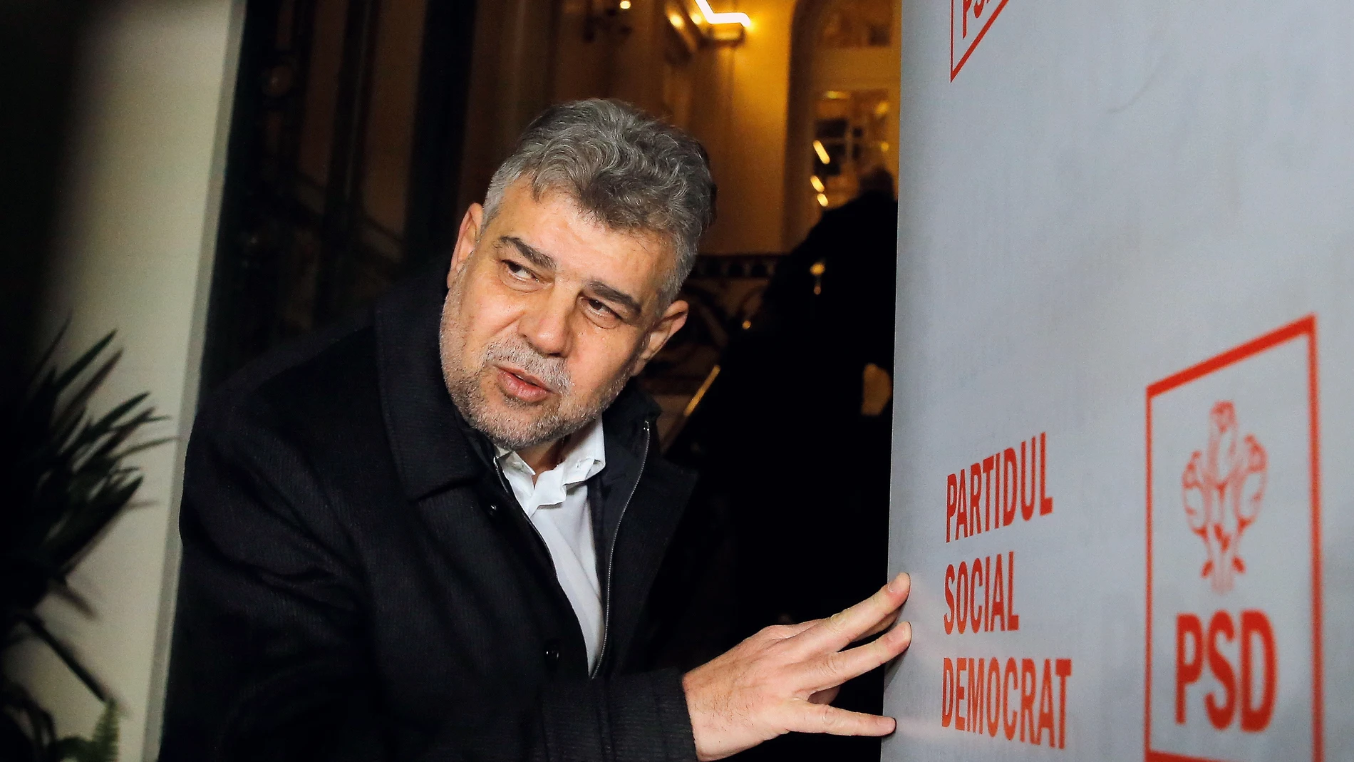 Bucharest (Romania), 24/11/2024.- Prime minister Marcel Ciolacu, leader of the PSD (Social Democracy Party) party and presidential candidate reacts at the PSD campaign headquarters after the first exit-poll, in Bucharest, Romania, 24 November 2024. According to the first exit-poll results, Social Democrat Prime Minister Marcel Ciolacu was leading with around 25 percent, while center-right politician Elena Lasconi of the Save Romania Union party, came in second and will likely face a run-off w...