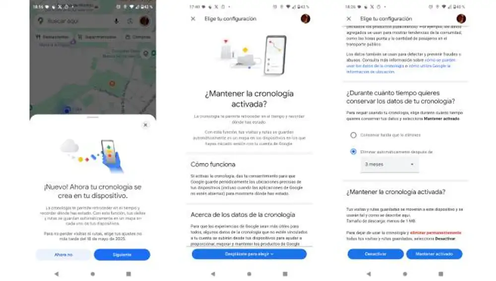 Configuración de la cronología en la app Googlee Maps.