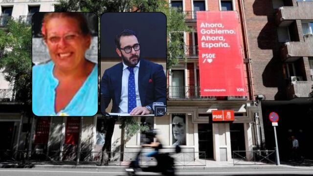 La empresaria, Carmen Pano, en un collage junto a Víctor de Aldama frente a la sede del PSOE de Ferraz.