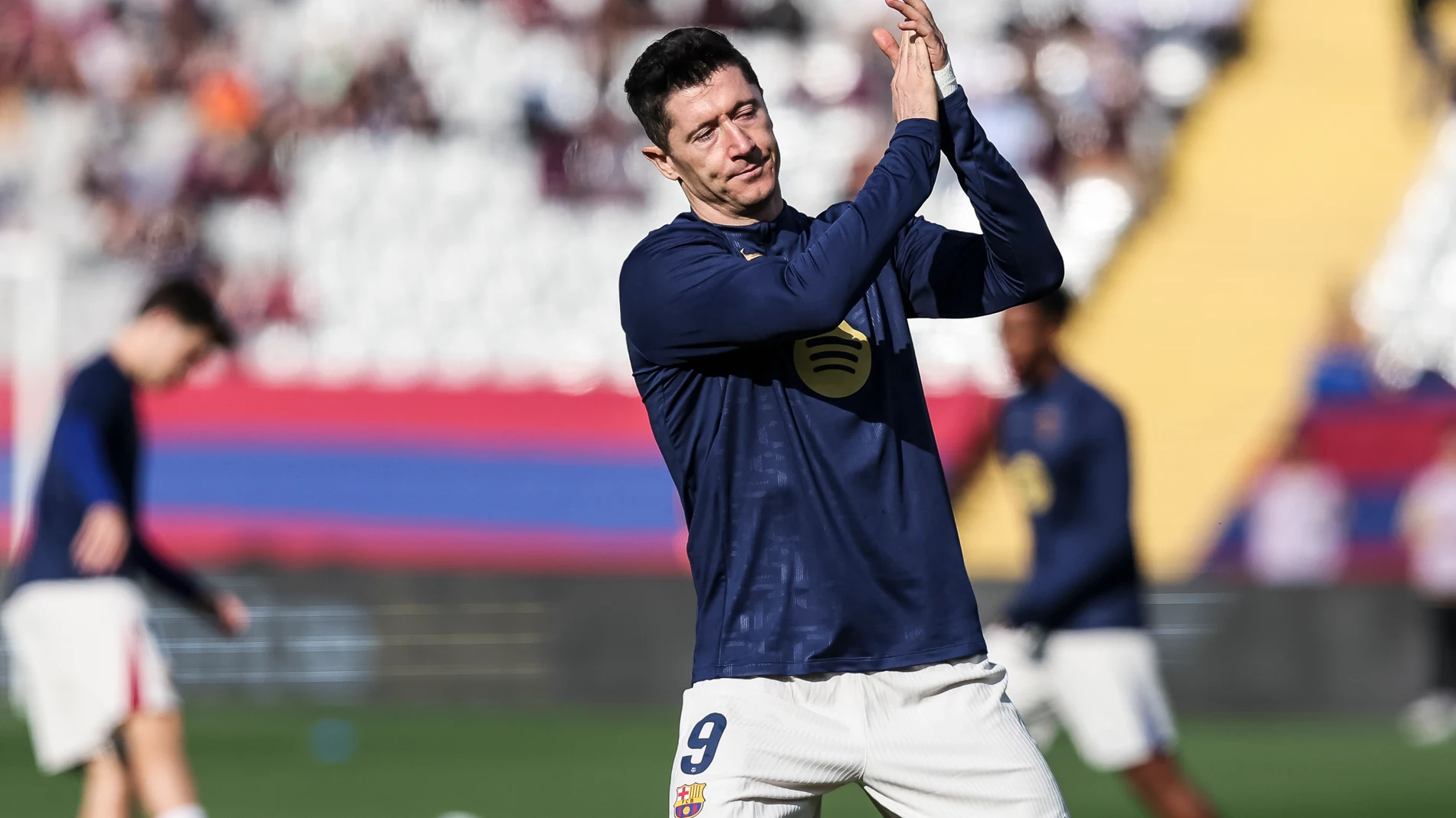 Robert Lewandowski of FC Barcelona gestures during the Spanish league, La Liga EA Sports, football match played between FC Barcelona and UD Las Palmas at Estadio Olimpico de Montjuic on November 30, 2024 in Barcelona, Spain. AFP7 30/11/2024 ONLY FOR USE IN SPAIN