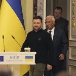 Ukraine's President Volodymyr Zelenskyy and European Council President Antonio Costa arrive for a joint press conference, in Kyiv, Ukraine, Sunday, Dec. 1 2024. 