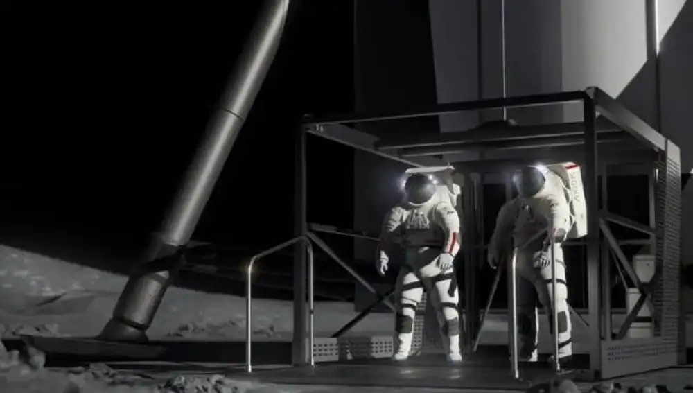 Descenso de los astronautas a la superficie lunar en un ascensor desde Starship HLS.