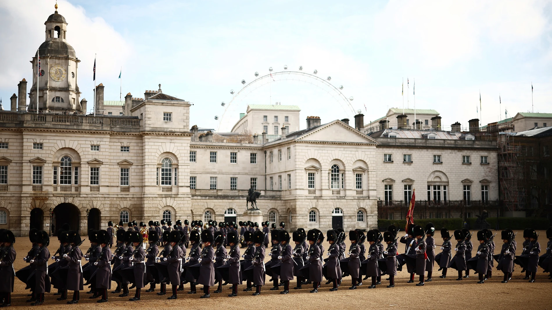 Soldiers from the Welsh Guards arrive to form part of a Ceremonial Welcome for the Emir of Qatar Sheikh Tamim bin Hamad Al Thani and his wife Sheikha Jawaher, at Horse Guards Parade in London, Tuesday Dec. 3, 2024. (Henry Nicholls via AP, Pool)