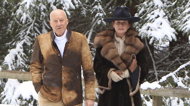 Norman Foster and wife Elena Ochoa walk through the city of Gstaad in Switzerland, Sanday February 2, 2014.