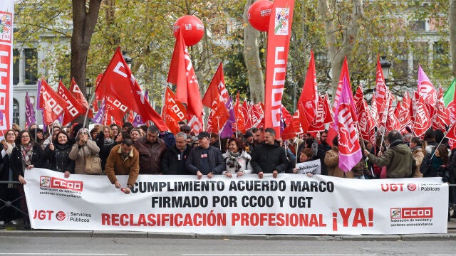 CCOO y UGT se concentran frente al Ministerio de Sanidad para exigir la inmediata reclasificación del personal del SNS