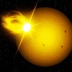 Impresión artística de una estrella similar al Sol que muestra una superfulguración vista en luz visible.