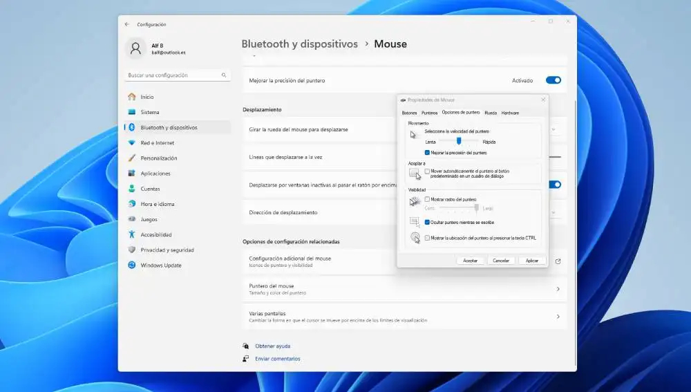 Opciones de Windows 11 para configurar el ratón.