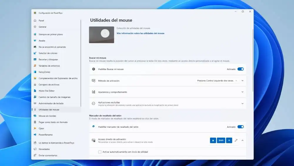 Opciones de configuración del ratón con Microsoft Power Toys.