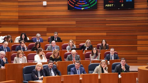Bancada del PP y de la Junta durante una de las votaciones de esta mañana en las Cortes