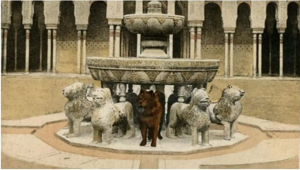 El perro del excéntrico E. Berry Wall mimetizado con la fuente del Patio de los Leones, en la Alhambra