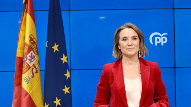 La secretaria general del PP, Cuca Gamarra en la sede del partido en Génova.