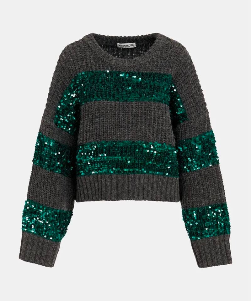 Dark grey and dark green knit sweater with sequin-embellished stripes