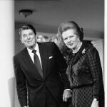 In this June 23, 1982 file photo, President Ronald Reagan and British Prime Minister Margaret Thatcher speak to reporters at the White House in Washington. 