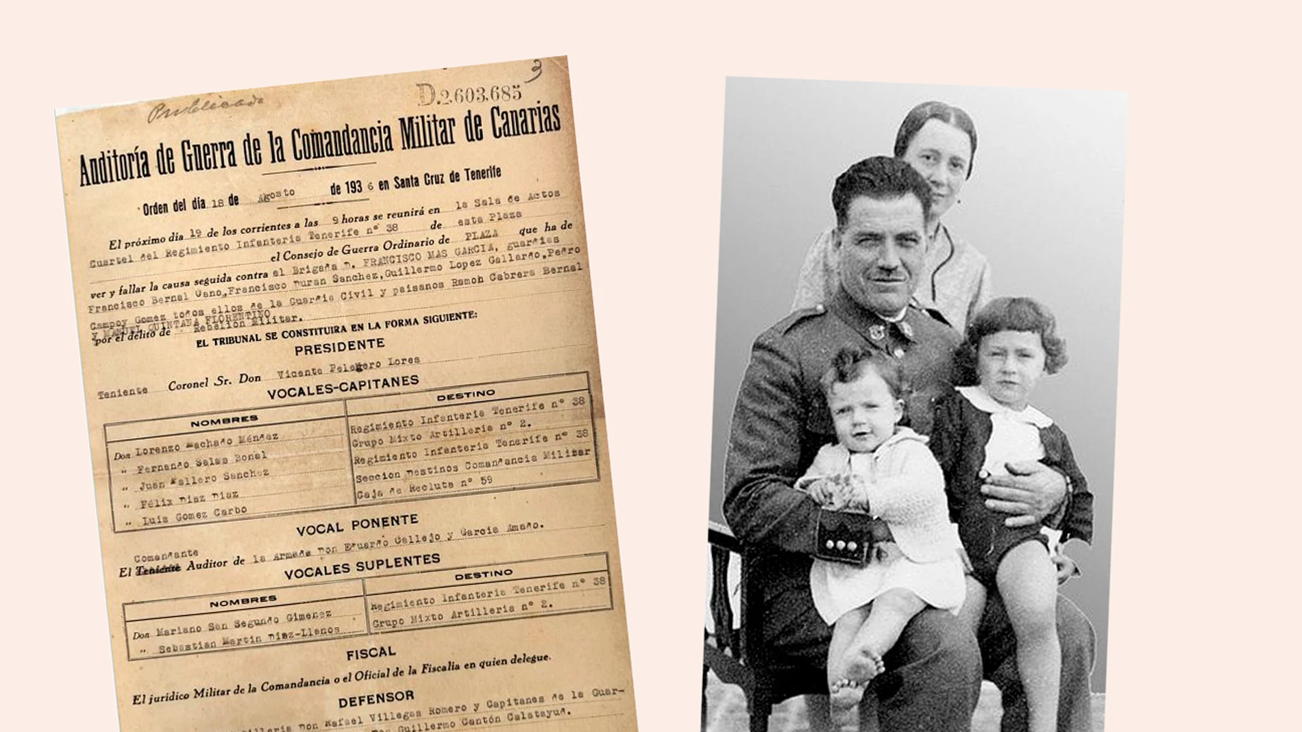 Francisco Mas y su familia y una hoja de su consejo de guerra