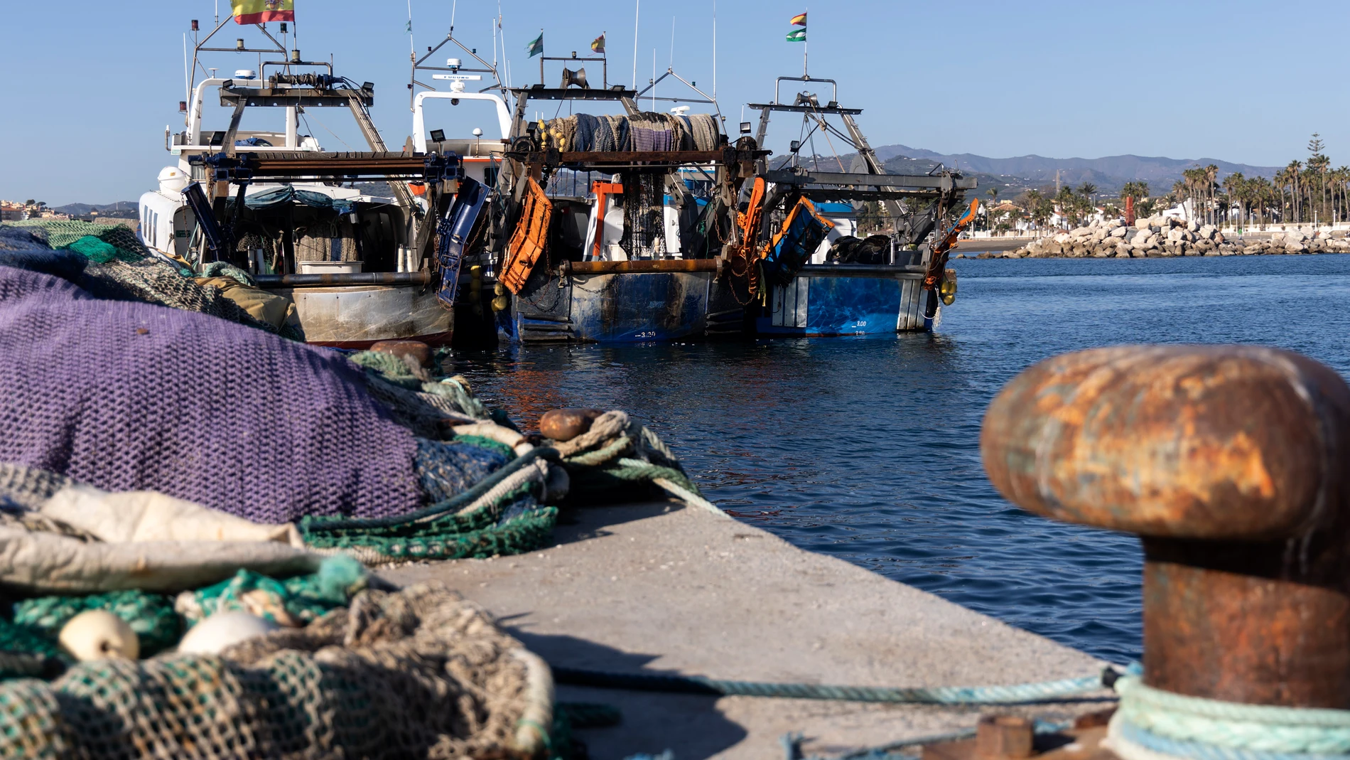 VÉLEZ-MÁLAGA, 02/01/2025.- Varios barcos de pesca en el Puerto de la Caleta de Vélez permanecen amarrados durante la parada que los pescadores andaluces de la modalidad de arrastre han iniciado hoy en protesta por los recortes de días en los que poder faenar que impuso la Unión Europea (UE). EFE/Daniel Pérez
