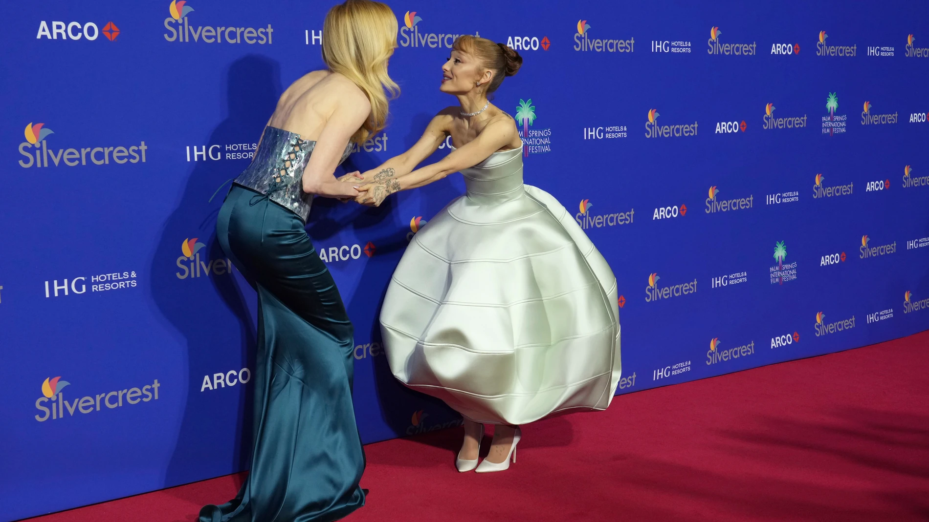 Nicole Kidman, left, and Ariana Grande arrive at the 36th annual Palm Springs International Film Festival Awards Gala on Friday, Jan. 3, 2025, in Palm Springs, Calif. (Photo by Jordan Strauss/Invision/AP)