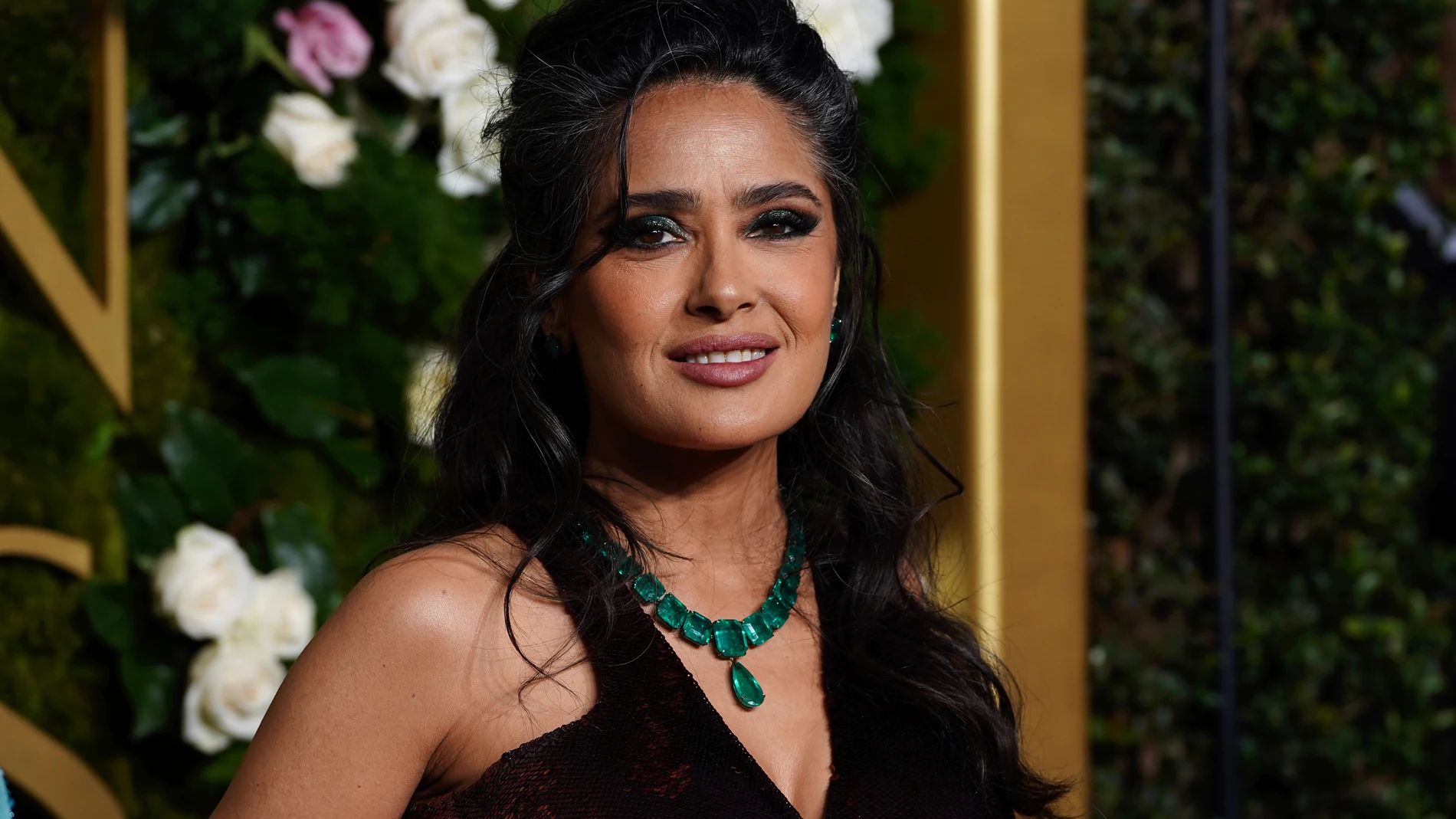 Salma Hayek arrives at the 82nd Golden Globes on Sunday, Jan. 5, 2025, at the Beverly Hilton in Beverly Hills, Calif. (Photo by Jordan Strauss/Invision/AP)
