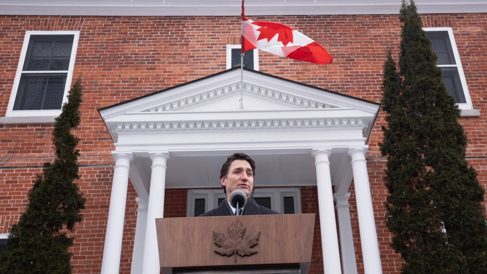 Canada Prime Minister Justin Trudeau speaks with media outside Rideau Cottage, Monday, Jan. 6, 2025 in Ottawa. (Adrian Wyld/The Canadian Press via AP)