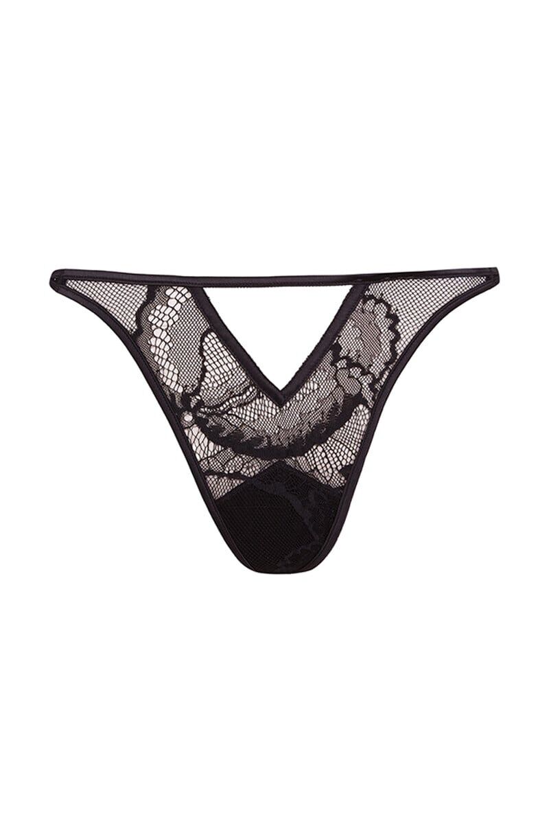 Tanga de encaje floral negro