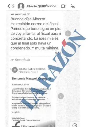 El wasap que le envió el novio de Ayuso a MAR con el correo del fiscal que llevaba su caso fiscal