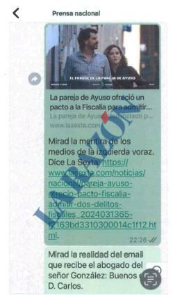 El wasap que le envió el novio de Ayuso a MAR con el correo del fiscal que llevaba su caso fiscal