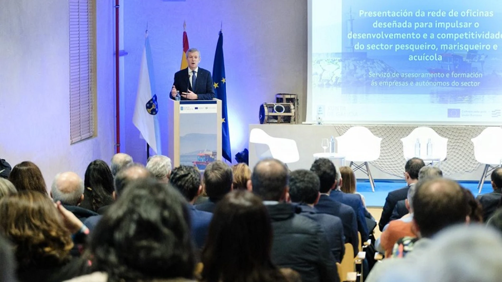 El presidente gallego, Alfonso Rueda, durante el acto celebrado hoy en Vigo.