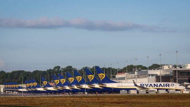  Ryanair planes are parked during a strike at the Brussels South Charleroi Airport in Gosselies, Belgium