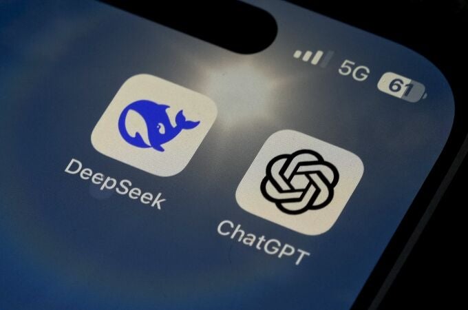 The Icons for the smartphone apps DeepSeek and ChatGPT are seen on a smartphone screen in Beijing, Tuesday, Jan. 28, 2025. 