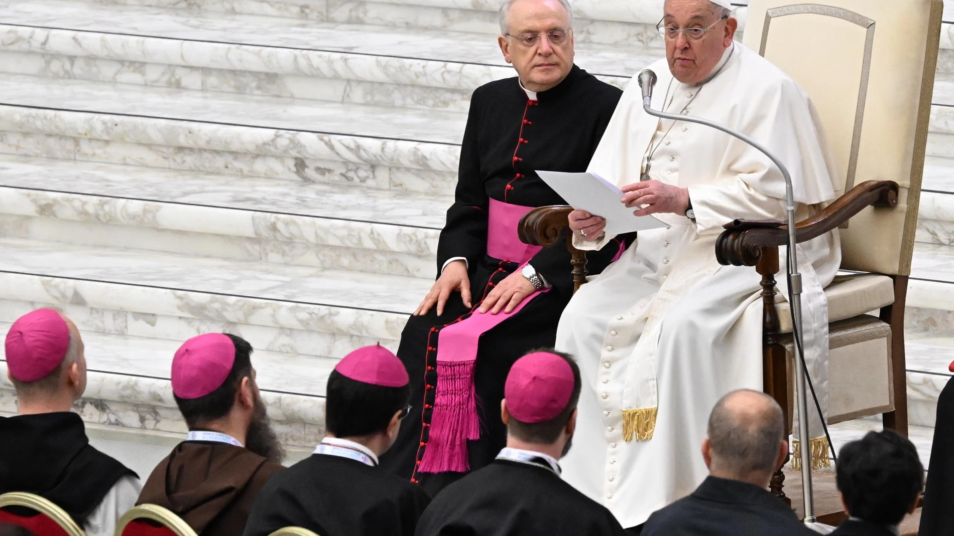 Vatican City (Vatican City State (holy See)), 03/02/2025.- Pope Francis speaks to pilgrims during the Scandinavian Episcopal Conference audience at Paolo VI Hall in the Vatican, 03 February 2025. (Papa) EFE/EPA/MAURIZIO BRAMBATTI