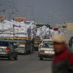 Egyptian humanitarian aid trucks drives on Al Din road