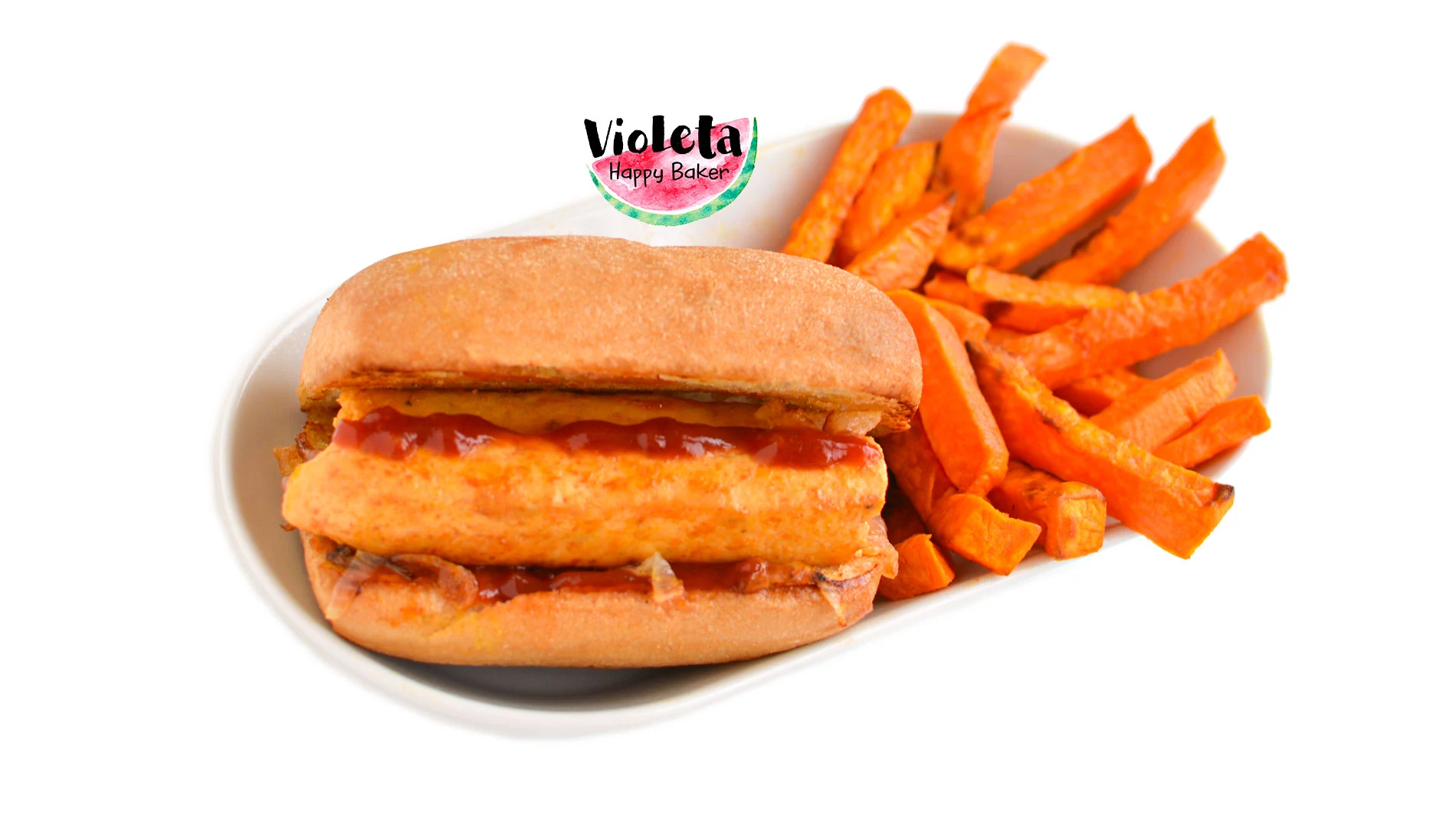 Perrito caliente con salchichas caseras y chips de boniato