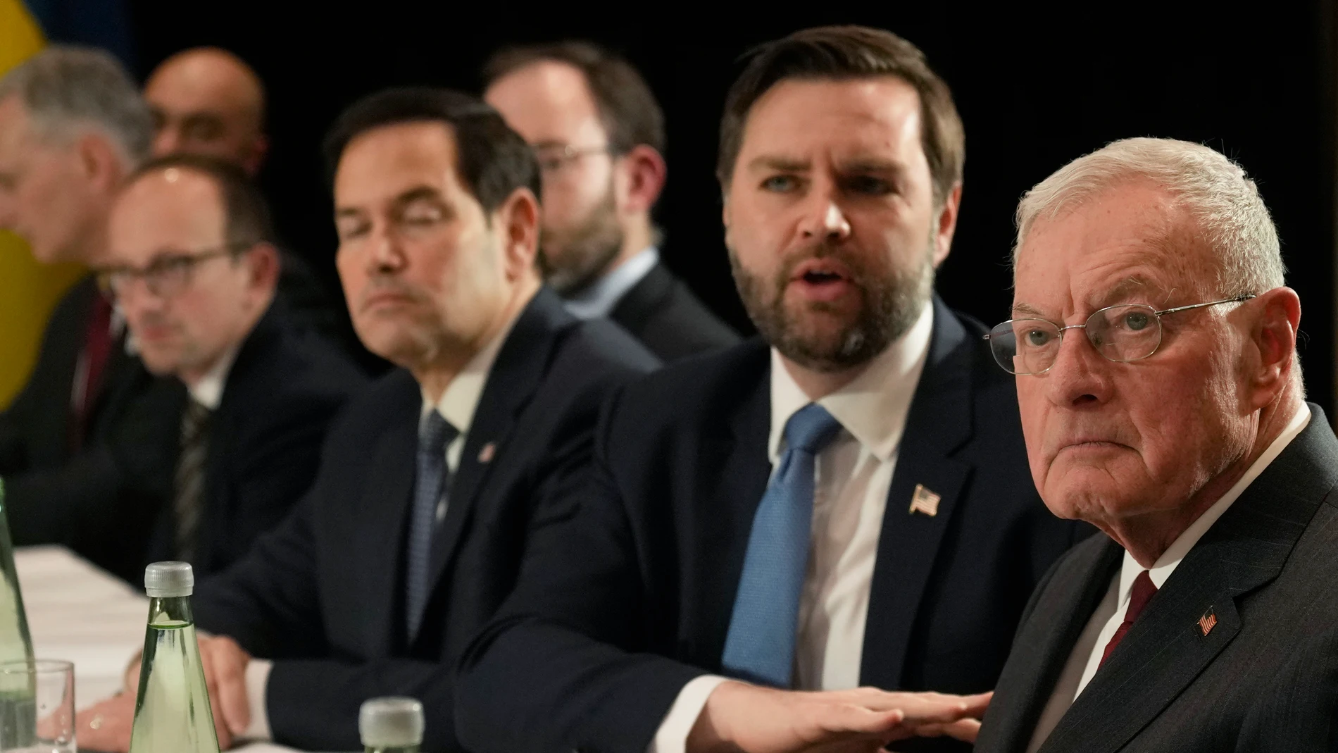 From right, U.S. Special Envoy Keith Kellogg, United States Vice-President JD Vance and United States Secretary of State Marco Rubio meet with Ukraine's President Volodymyr Zelenskyy on the sidelines of the Munich Security Conference in Munich, Germany, Friday, Feb. 14, 2025. (AP Photo/Matthias Schrader)