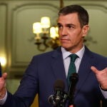 Spanish Prime Minister Pedro Sanchez gives a press conference in Paris