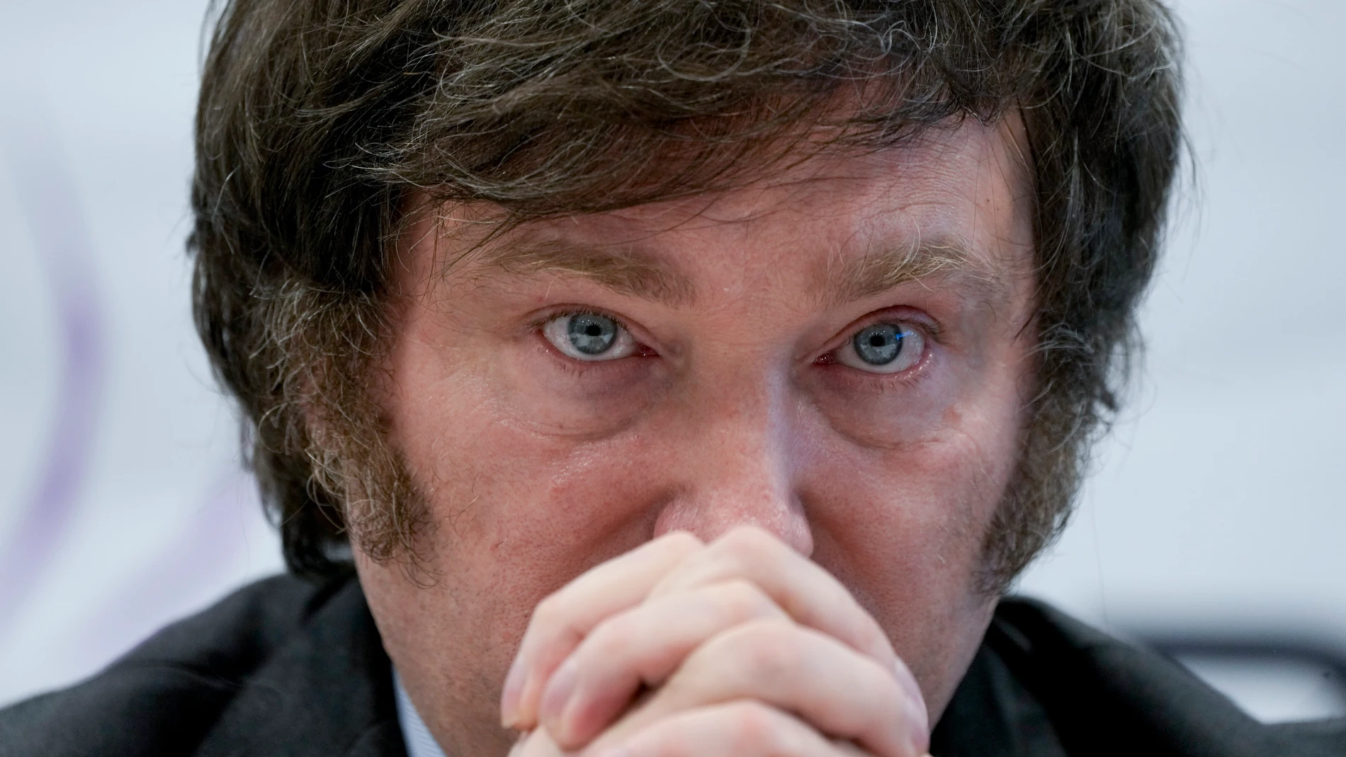 FILE - Then presidential hopeful Javier Milei looks on during a press conference in Buenos Aires, Argentina, Oct. 11, 2023. (AP Photo/Natacha Pisarenko, File)