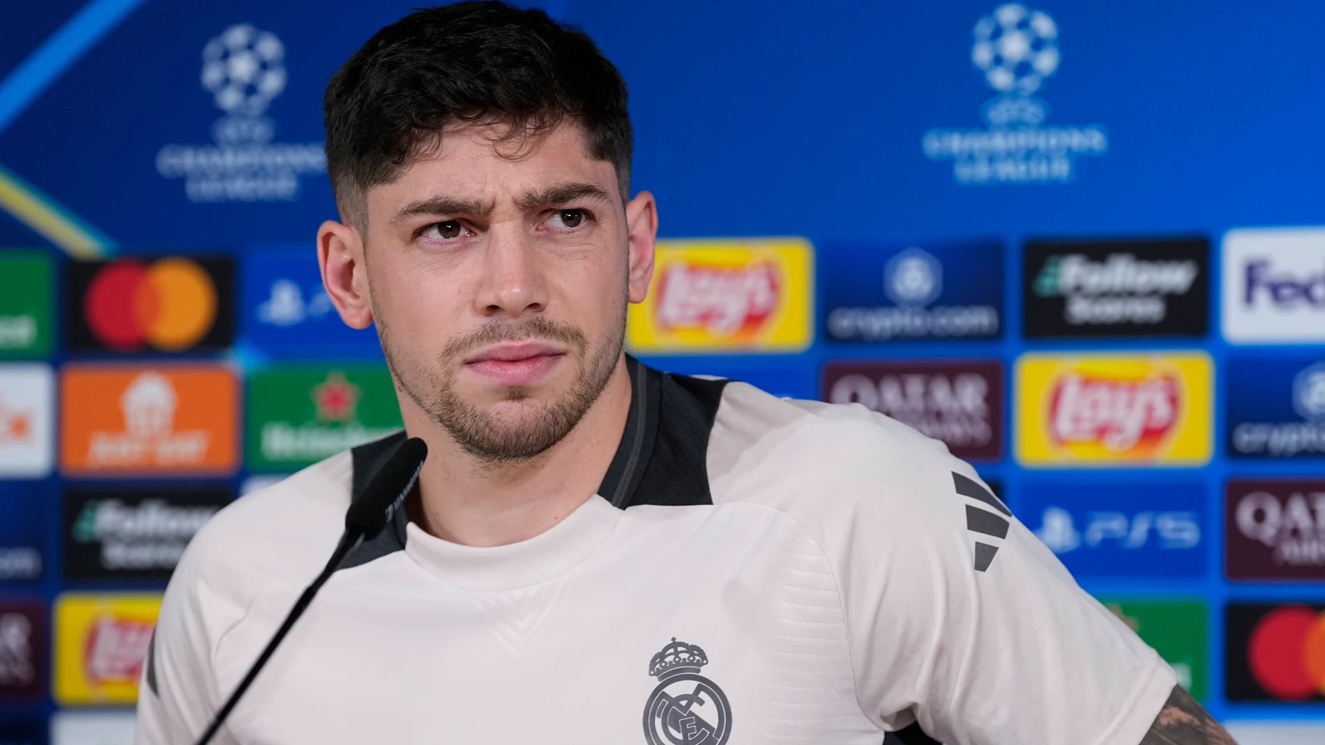 Federico Valverde attends his press conference during the training day of Real Madrid ahead the UEFA Champions League 2024/25 League Knockout Play-off second leg match against Manchester City at Ciudad Deportiva Real Madrid on February 18, 2024, in Valdebebas, Madrid, Spain. AFP7 18/02/2025 ONLY FOR USE IN SPAIN